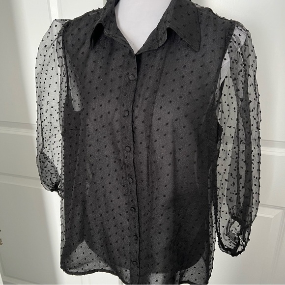 Eloquii Swiss Dot Puff Sleeve Black Button Down Blouse - Size 16 - NWT - Picture 3 of 11